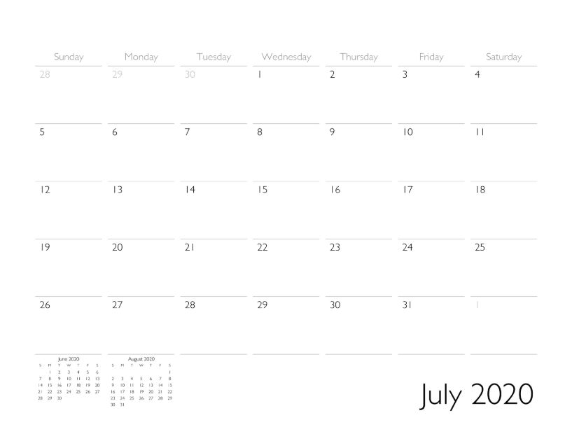 July 2020 Calendar Page